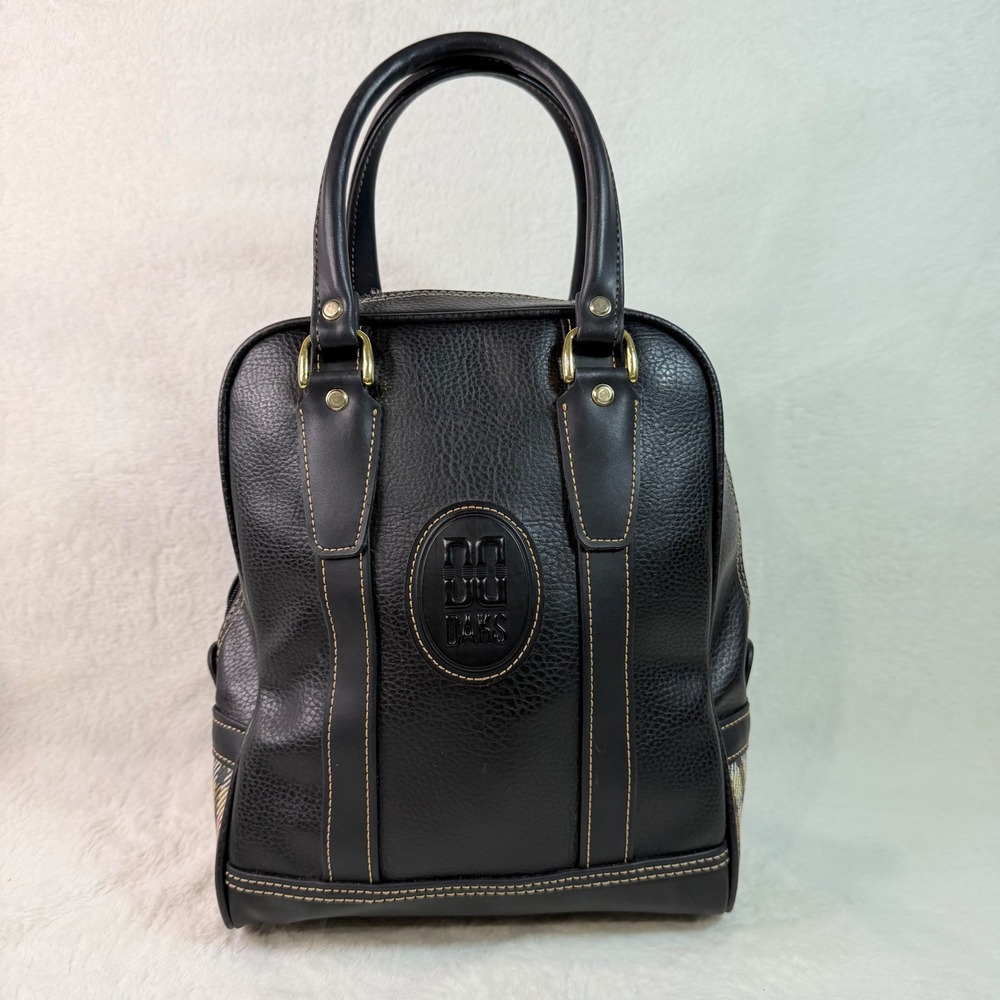 Daks London Vintage Black Pebbled Leather Satchel Bag House Check Plaid‎ Trim